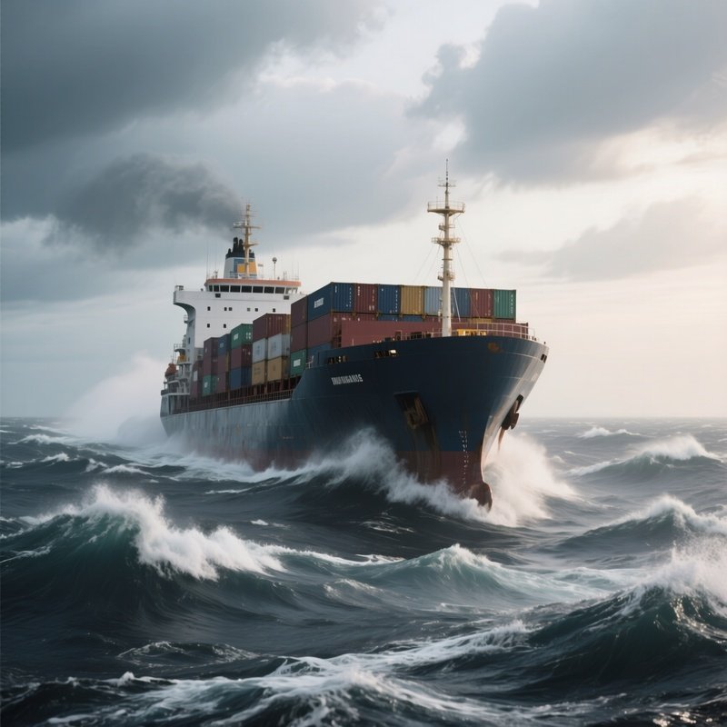 A Cargo Ship Entering Swelling Cross Seas Under Cloudy Skies