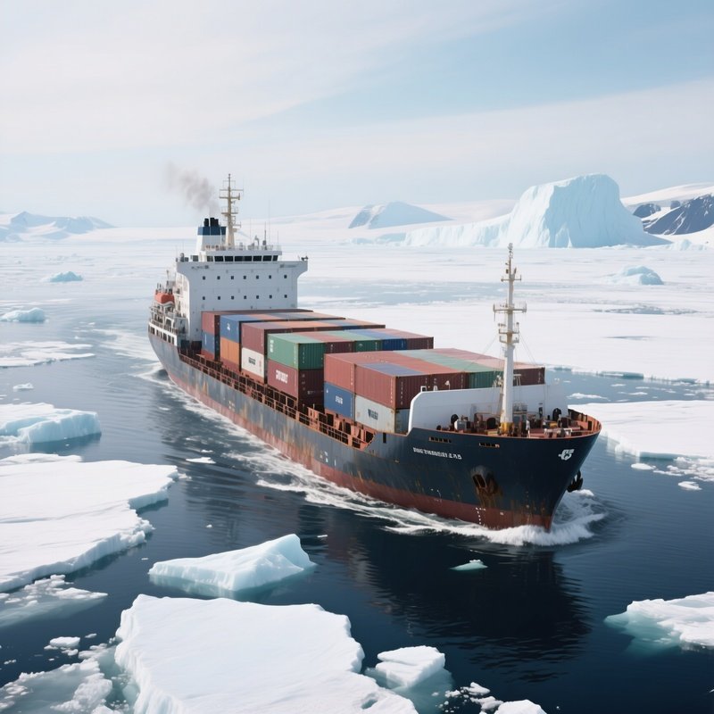 A Cargo Ship Navigating Icy Waters Surrounded By Floating Ice