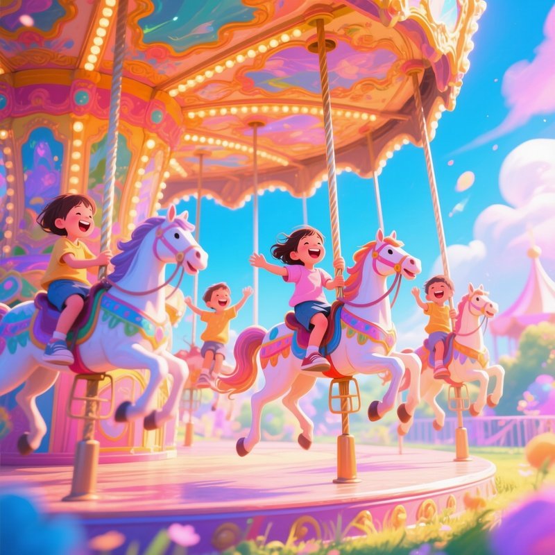 A Carousel Turning Slowly With Laughing Children On Painted Horses
