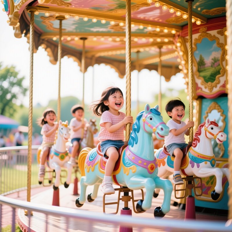 A Carousel Turning Slowly With Laughing Children On Painted Horses