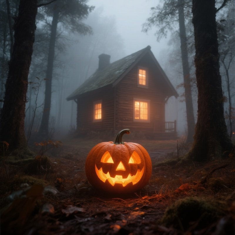 A Carved Pumpkin In A Misty Forest Halloween Pumpkin