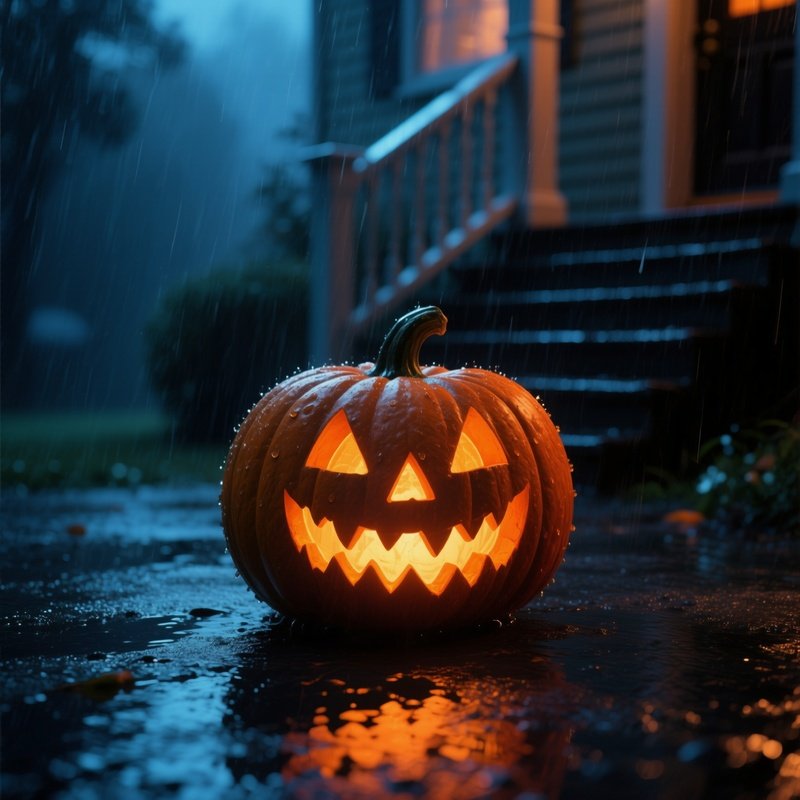 A Carved Pumpkin Jack O Lantern In A Rainy Setting Halloween