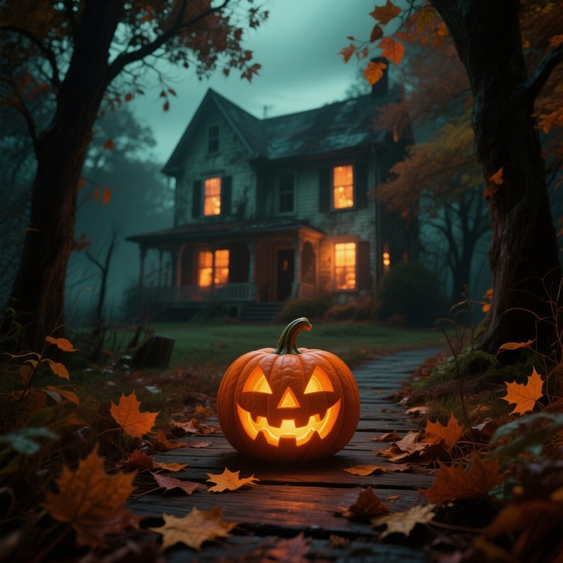 A Carved Pumpkin Jack O Lantern In A Spooky Forest Setting