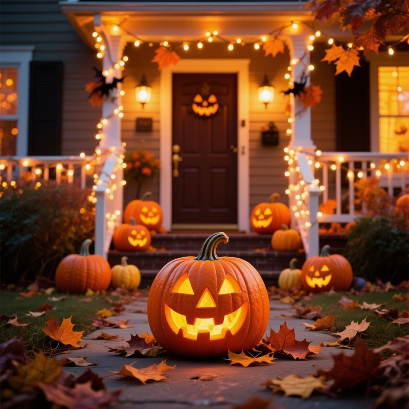 A Carved Pumpkin Jack O Lantern In Front Of A House Halloween