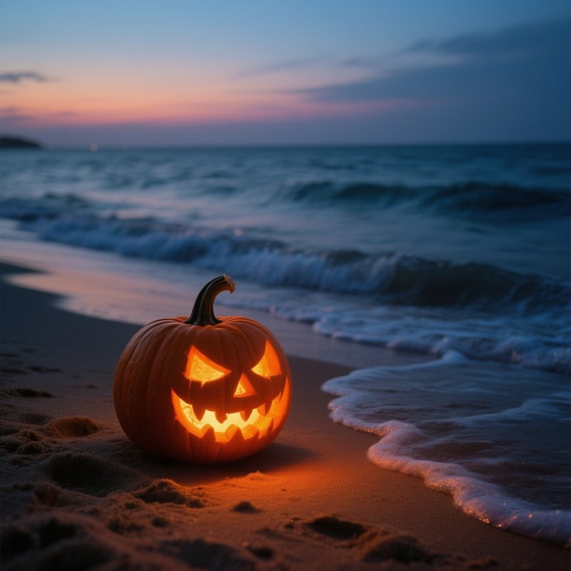 A Carved Pumpkin Jack O Lantern On A Beach Halloween Pumpkin
