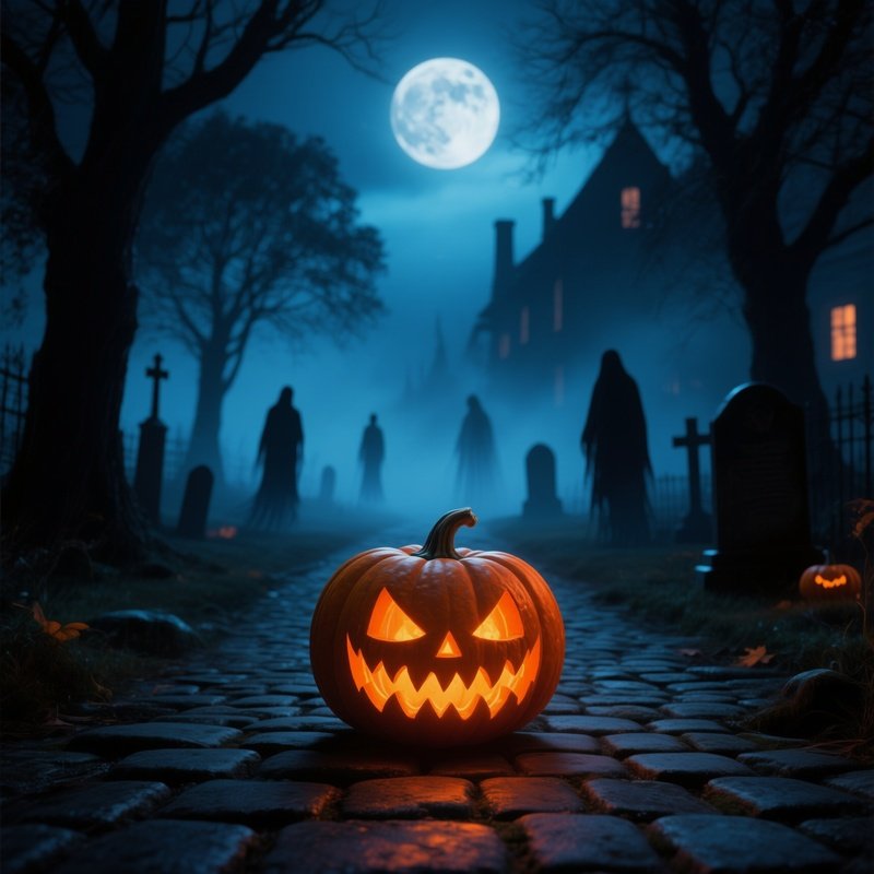 A Carved Pumpkin Jack O Lantern On A Cobblestone Path Halloween