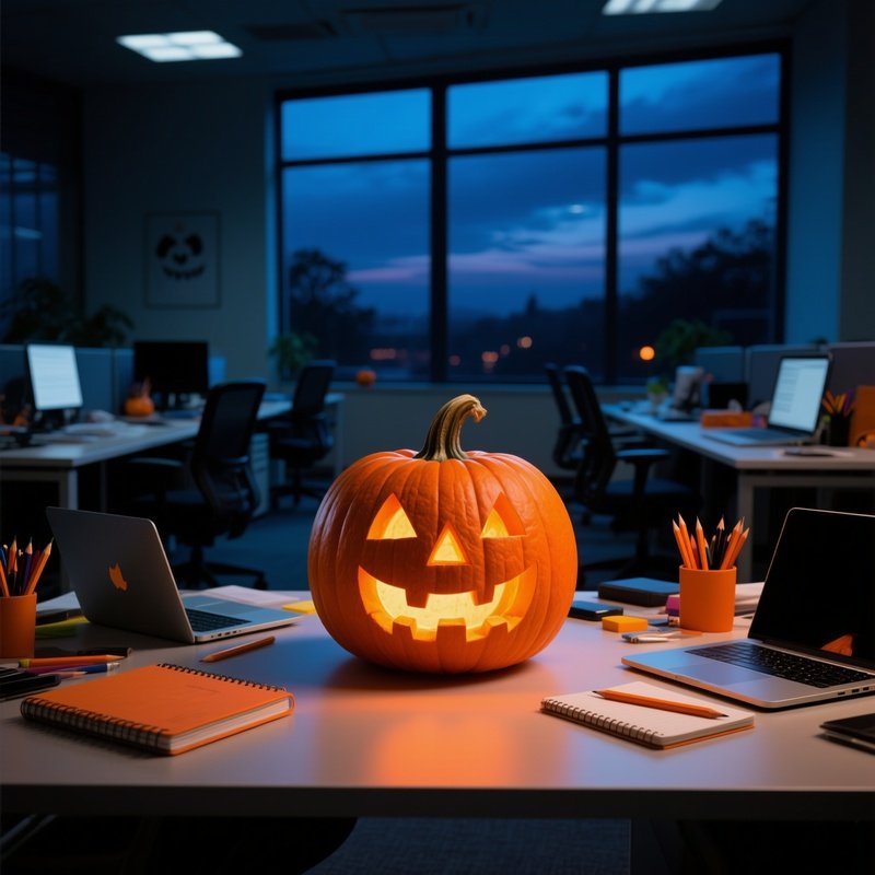 A Carved Pumpkin Jack O Lantern On A Desk Halloween Office