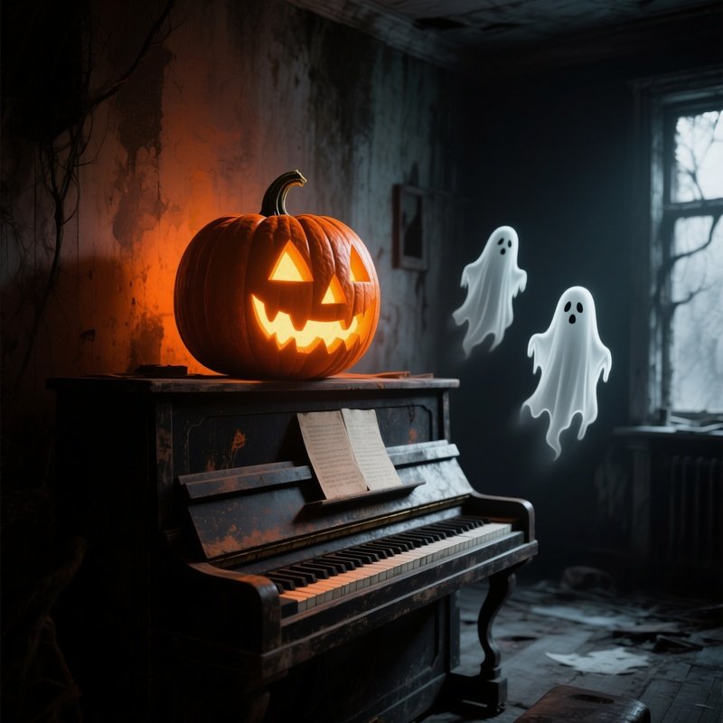 A Carved Pumpkin On A Piano In A Spooky Setting Halloween Pumpkin