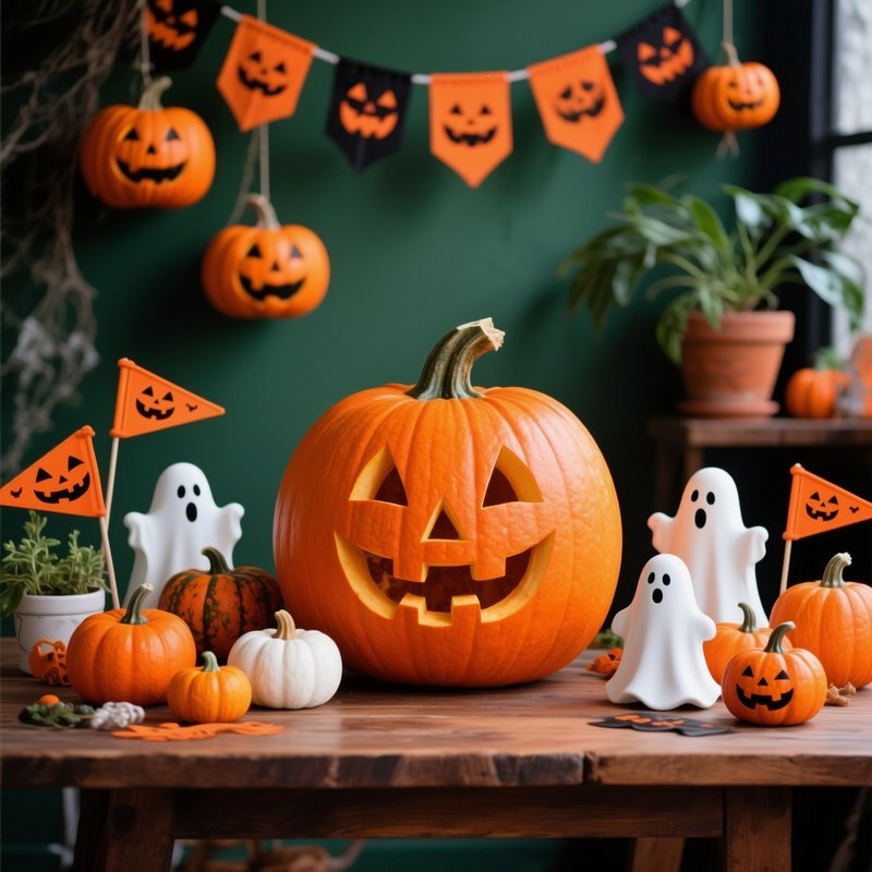 A Carved Pumpkin Surrounded By Halloween Decorations Halloween