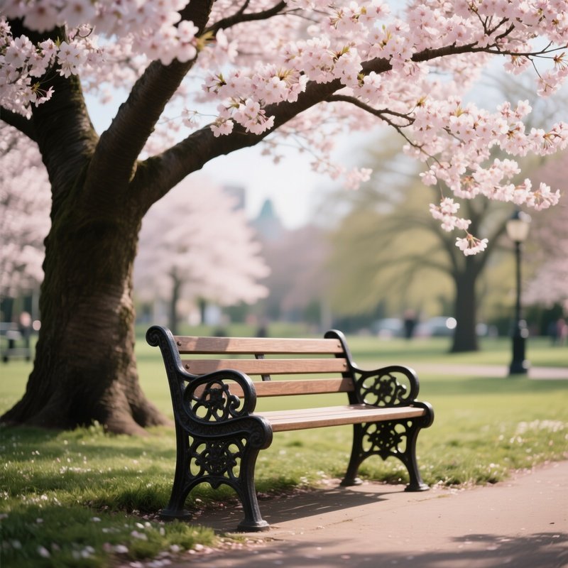 A Cast Iron And Wood Garden Bench Nestled Under A Large, Blooming Cherry Blossom Tree In A Peaceful Public Park Setting.