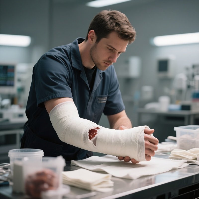 A Cast Technician Preparing Materials For A Broken Arm Cast