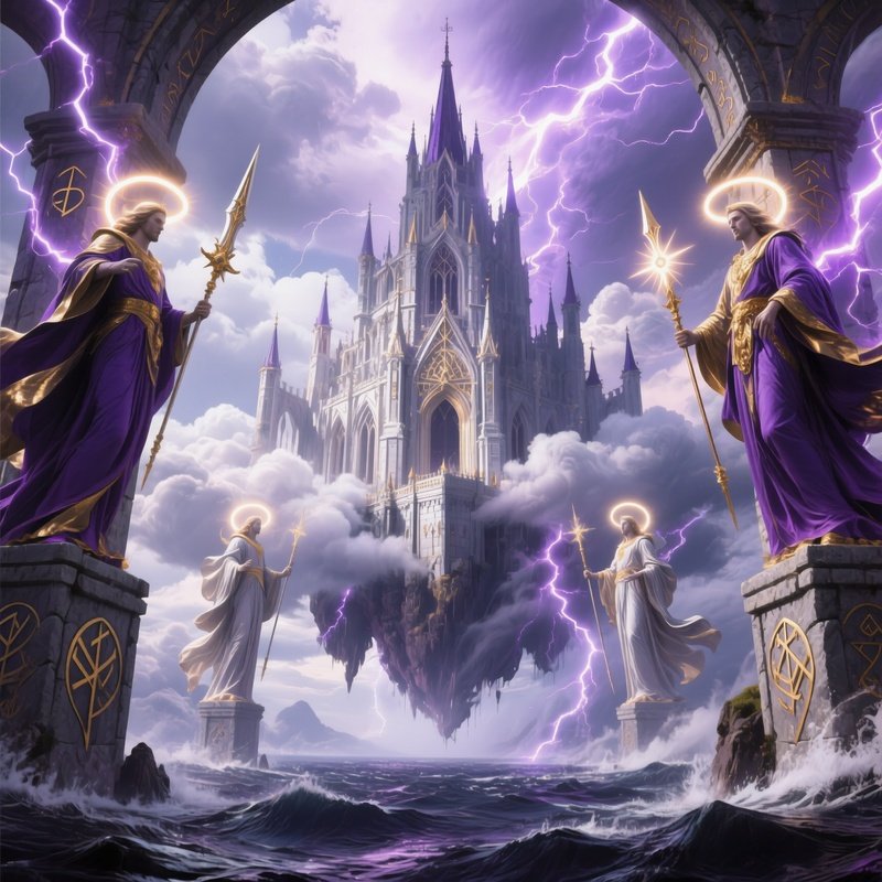 A Castle Floating In A Cloudy Sky With Ancient Gods Appearing