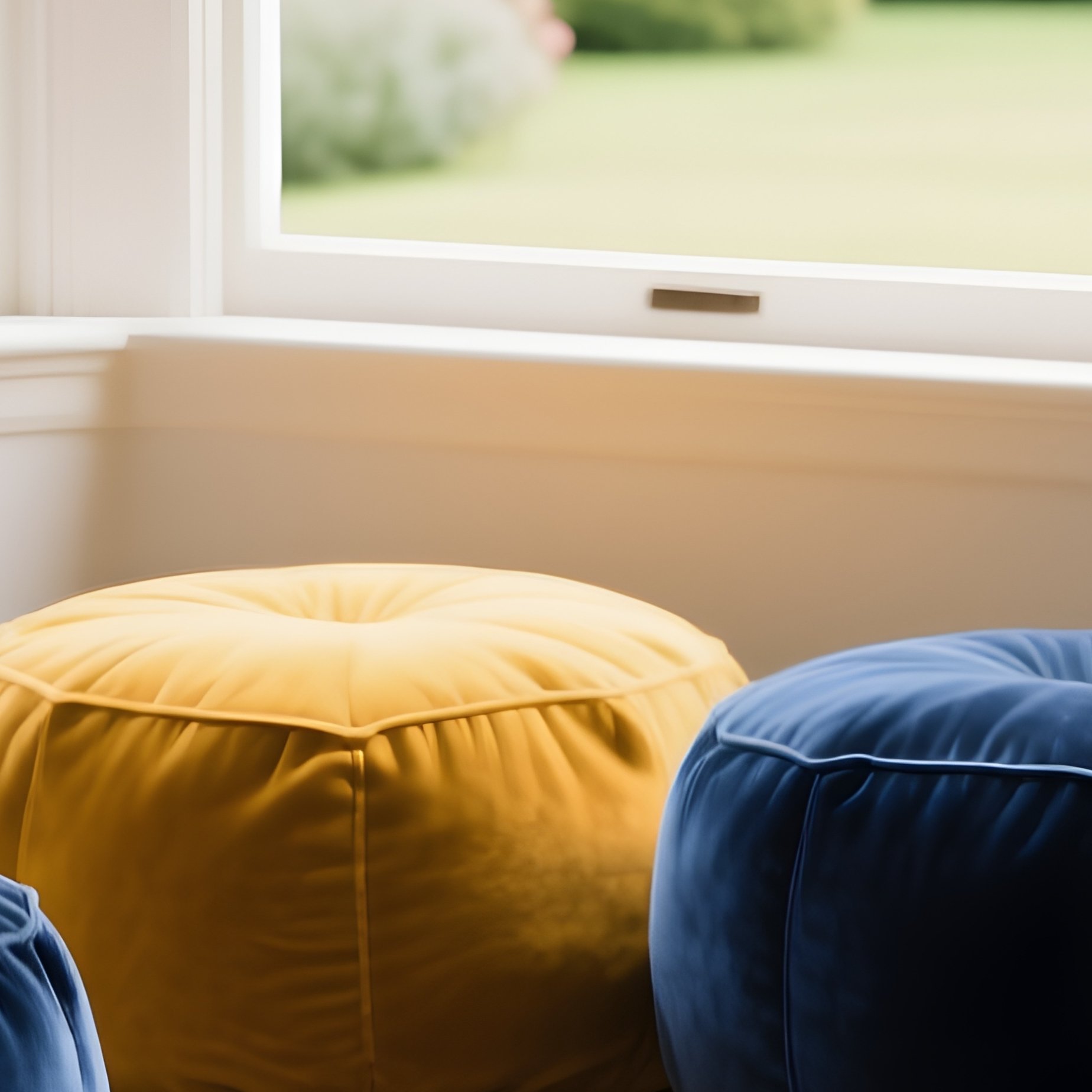 A Casual Cluster Of Mustard Yellow And Navy Blue Velvet Poufs Arranged On A Vintage Persian Rug, Creating An Informal Seating Area Near A Bright Bay Window Overlooking A Garden. - Full Resolution Quality Preview