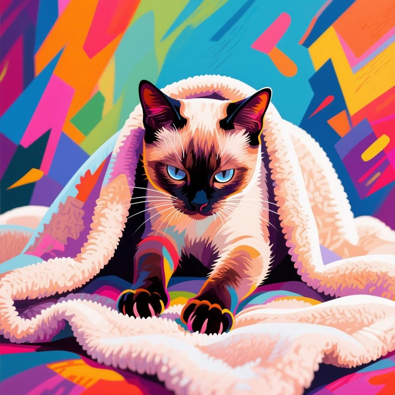 A Cat Balinese Kneading A Blanket Abstract Art