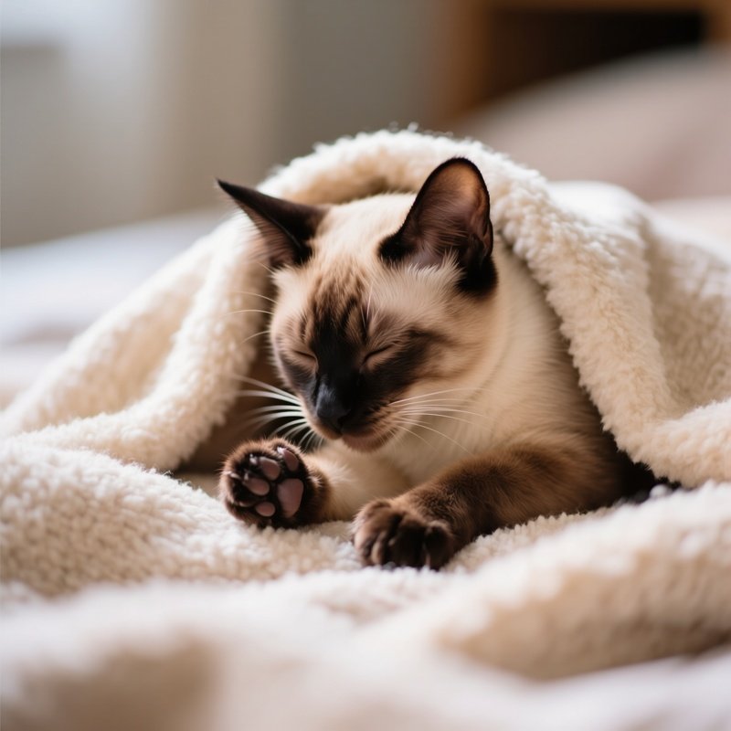 A Cat Balinese Kneading A Blanket
