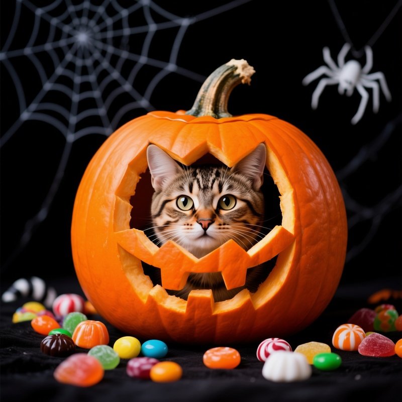 A Cat Inside A Carved Pumpkin Halloween Cat