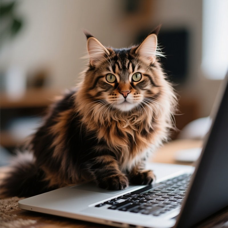 A Cat Maine Coon Standing On A Keyboard Or Laptop