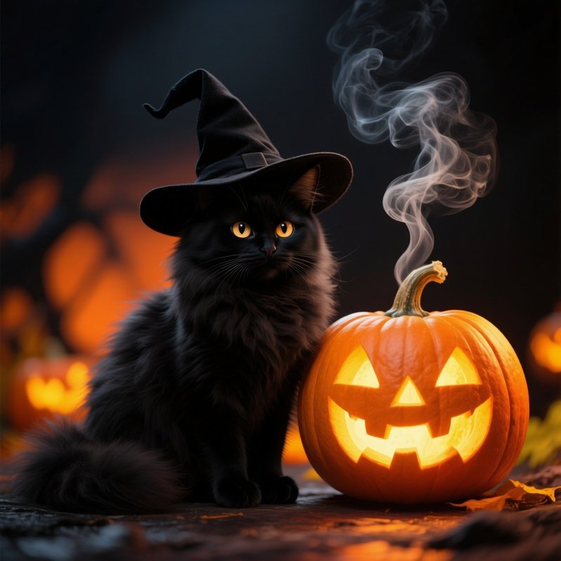 A Cat Wearing A Witch Hat Next To A Carved Pumpkin Halloween Cat