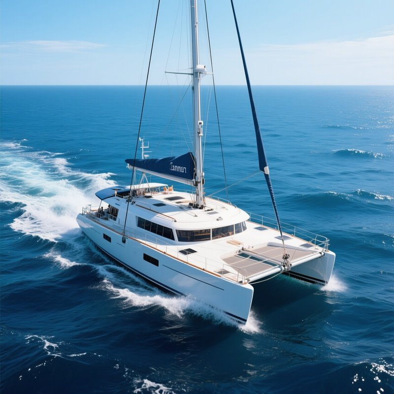 A Catamaran Ferry Speeding Across Deep Blue Sea