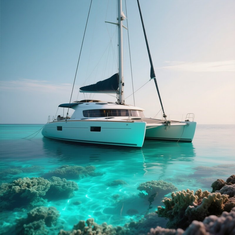 A Catamaran Moored Near A Shallow Reef With Turquoise Glow