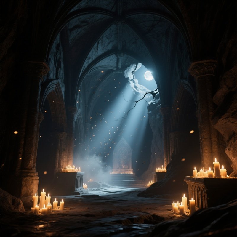 A Cavernous Cathedral Crypt Lit By Flickering Candlelight, Shadows Dancing On Vaulted Ceilings,