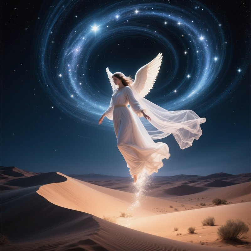 A Celestial Angel Descending From A Swirling Vortex Of Stars Over A Desert Oasis At Night, Dunes