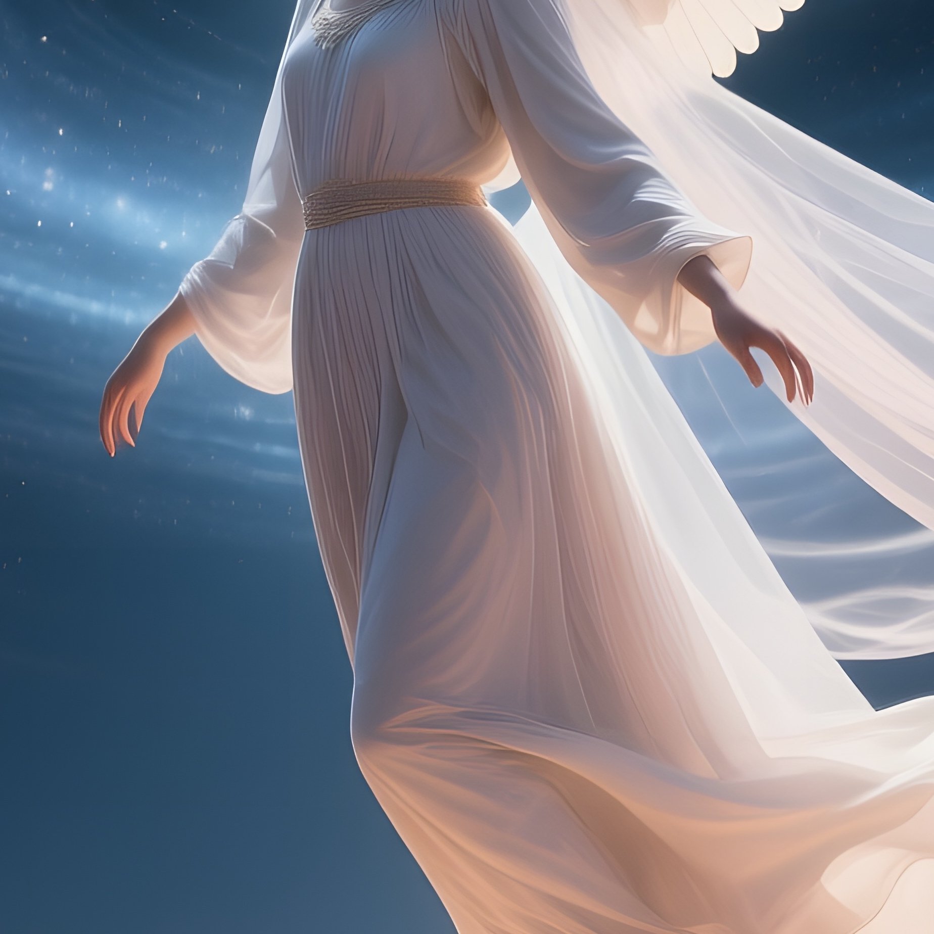 A Celestial Angel Descending From A Swirling Vortex Of Stars Over A Desert Oasis At Night, Dunes - Full Resolution Quality Preview