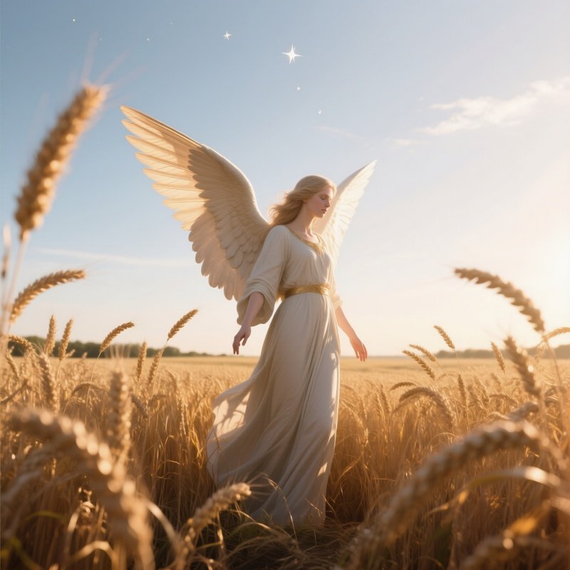 A Celestial Guardian Angel Standing Amid A Field Of Tall Golden Wheat During A Gentle Breeze, Her