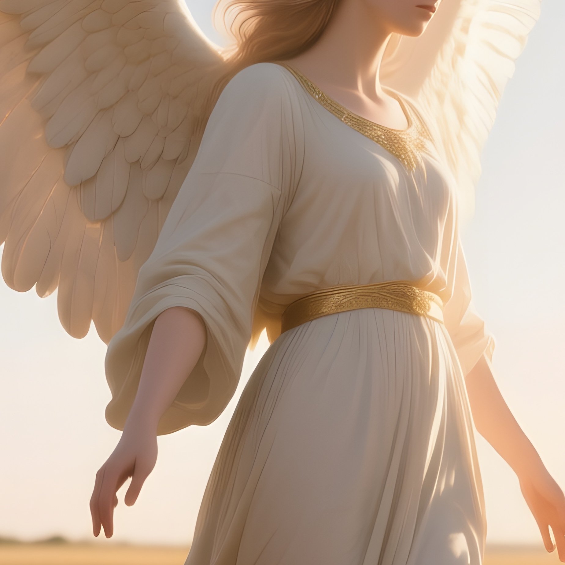 A Celestial Guardian Angel Standing Amid A Field Of Tall Golden Wheat During A Gentle Breeze, Her - Full Resolution Quality Preview