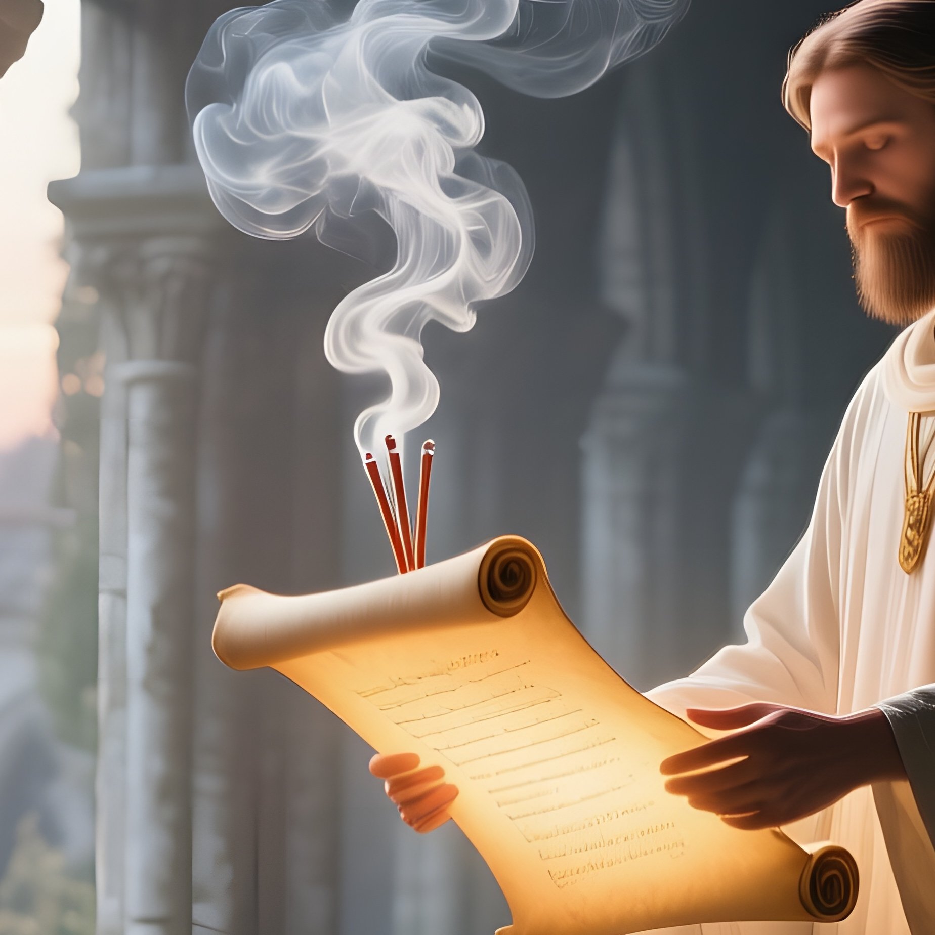A Celestial Messenger Delivering A Glowing Scroll To A Secluded Monastery Cloister At Dawn, Incense - Full Resolution Quality Preview