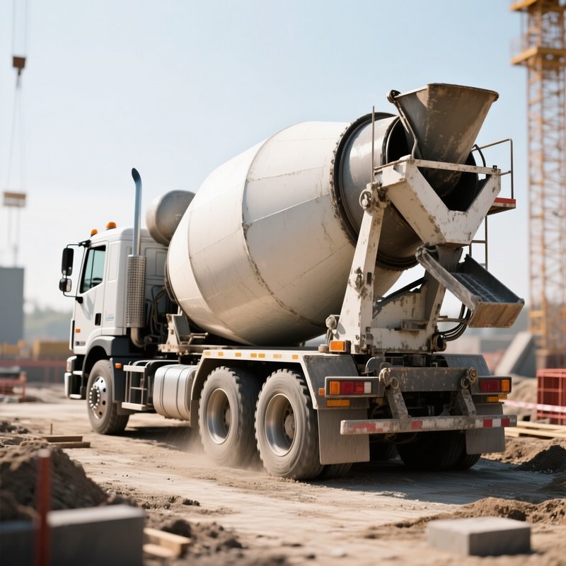 A Cement Mixer Truck Rotating Its Drum At A Construction Foundation