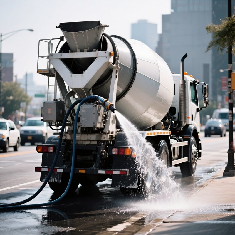A Cement Mixer Truck Washing Down After A Day Work