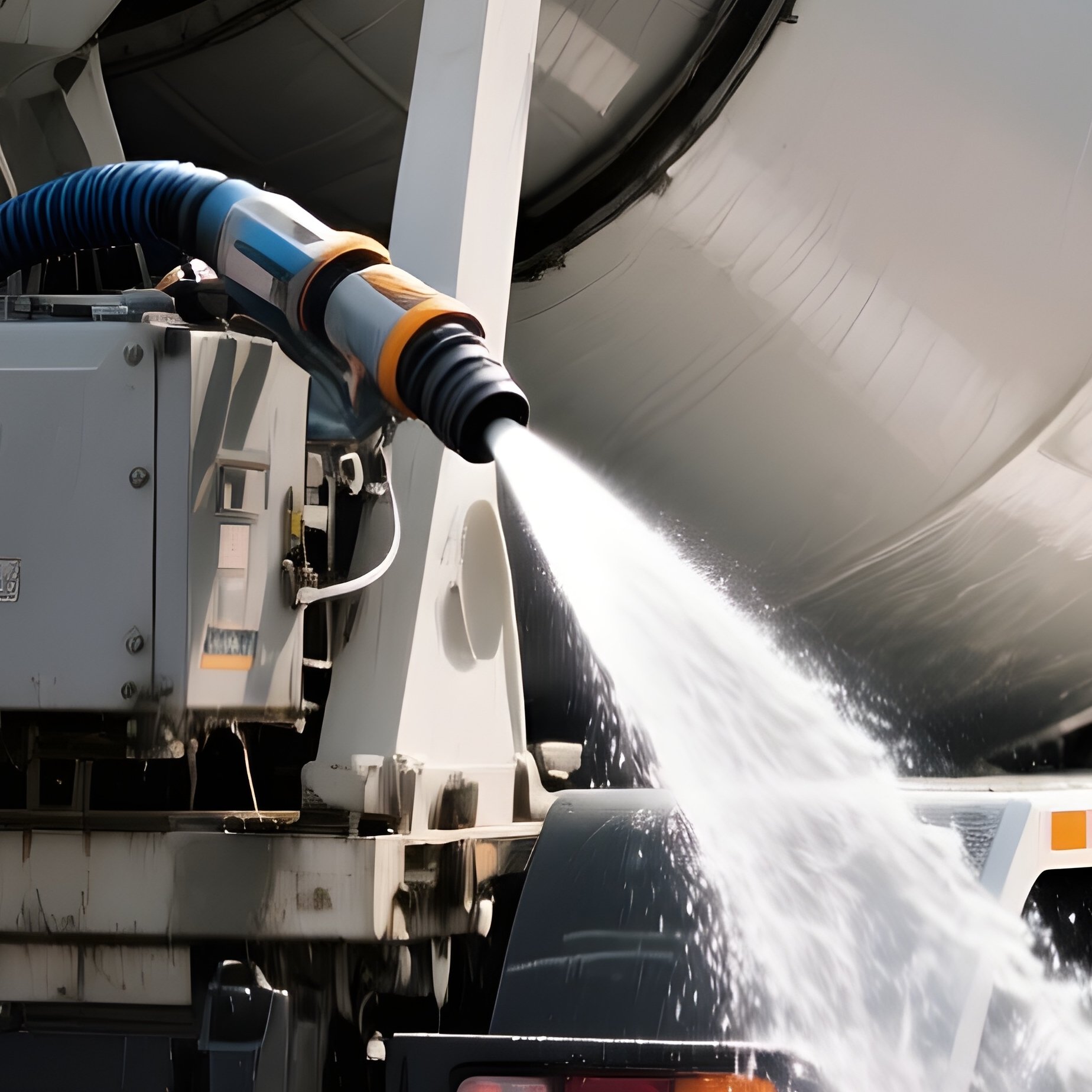 A Cement Mixer Truck Washing Down After A Day Work - Full Resolution Quality Preview