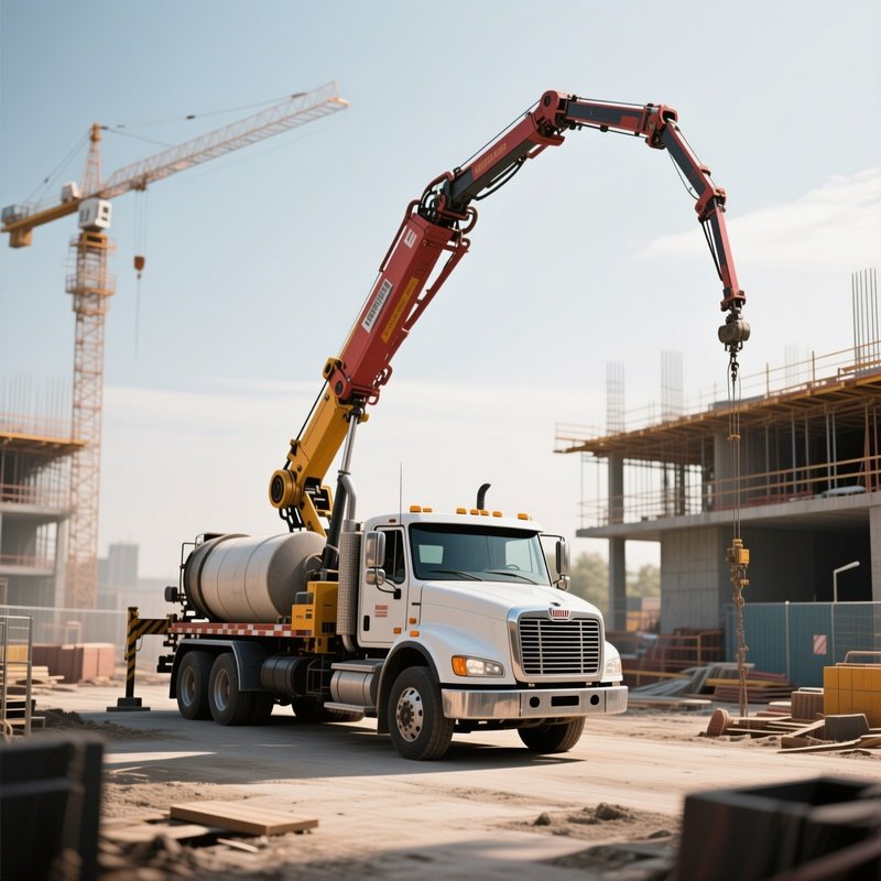 A Cement Pump Truck Extending Its Boom Across A Construction Site