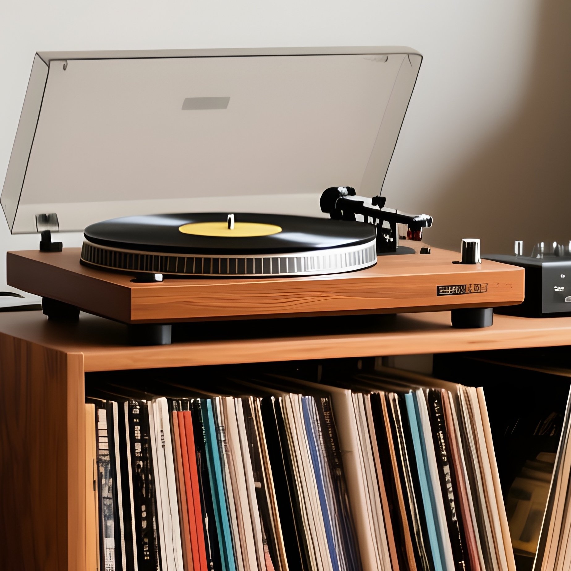 A Chaotic But Cozy Vinyl Record Listening Station Featuring A Wooden Turntable Stand Filled With Lps, Flanked By Two Large Floor Standing Speakers In A Room With Band Posters And Shag Carpeting. - Full Resolution Quality Preview