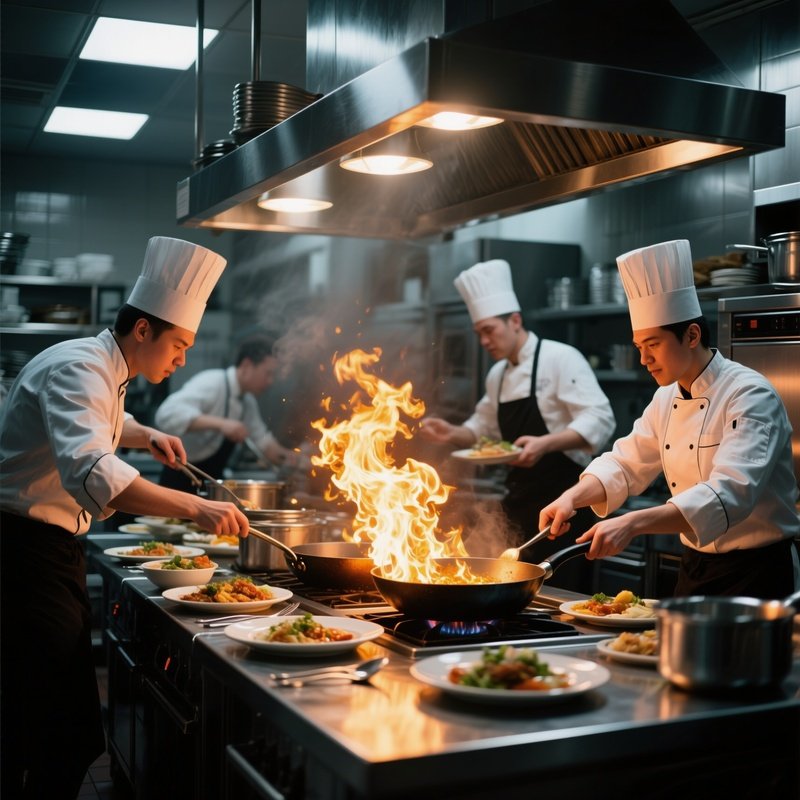 A Chaotic Kitchen During Dinner Service, Chefs Flurriedly Plating Dishes, Pans Sizzling With Bright