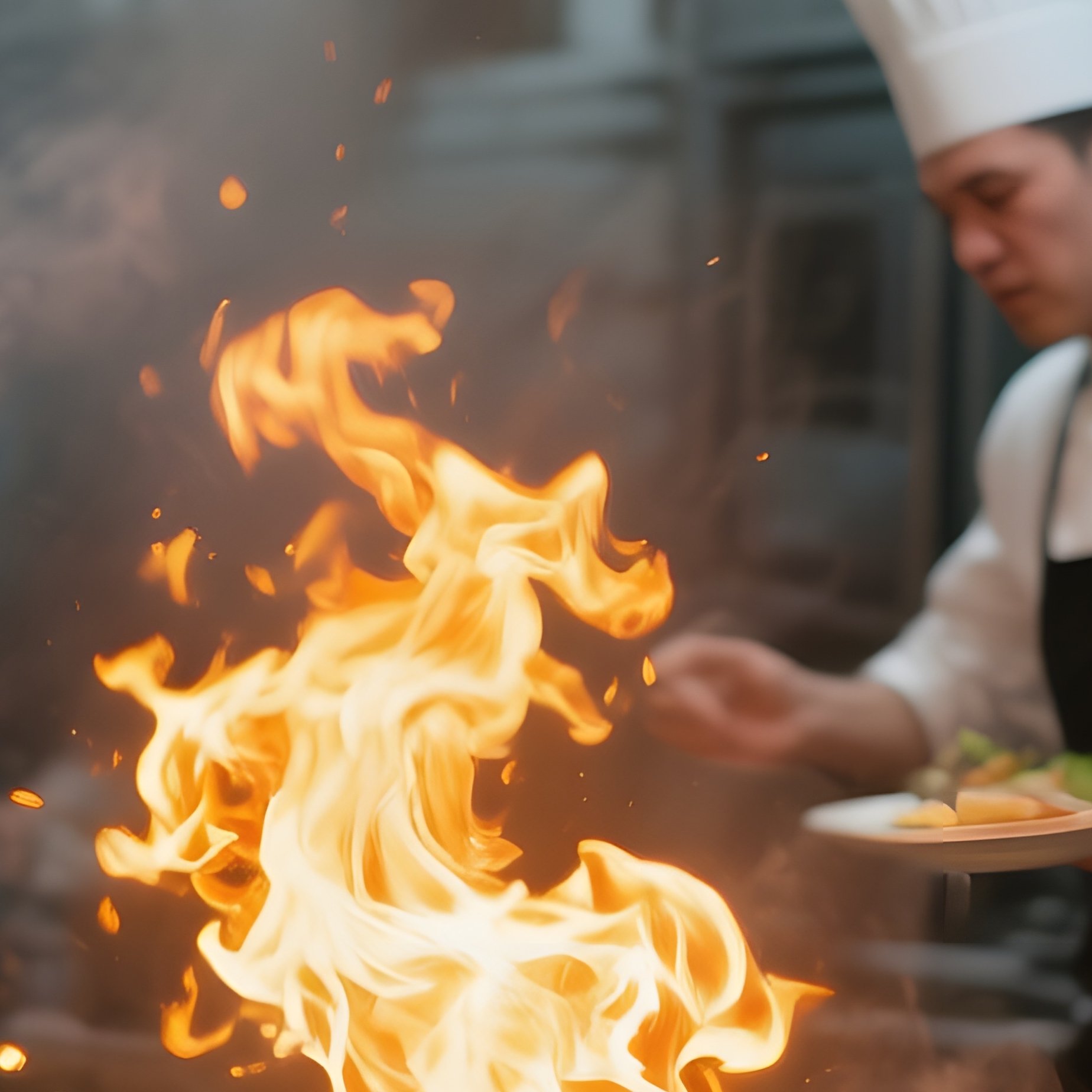 A Chaotic Kitchen During Dinner Service, Chefs Flurriedly Plating Dishes, Pans Sizzling With Bright - Full Resolution Quality Preview