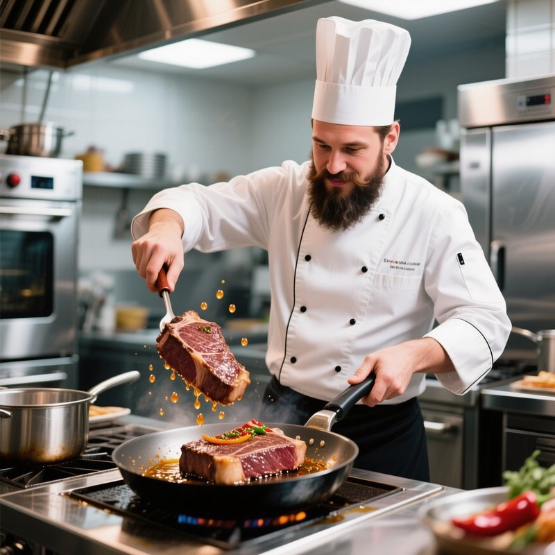 A Charismatic Chef In A Bustling Kitchen Flips A Sizzling Steak, His Pepper‑Spiced Beard Catching