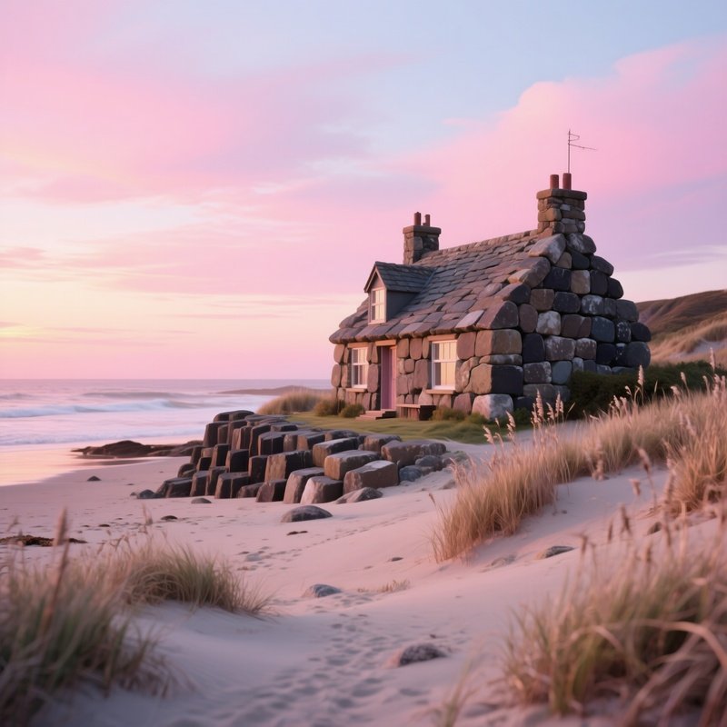 A Charming Coastal Cottage Made From Layered Basalt Stones Sits On A Sandy Beach, Dunes Dotted With