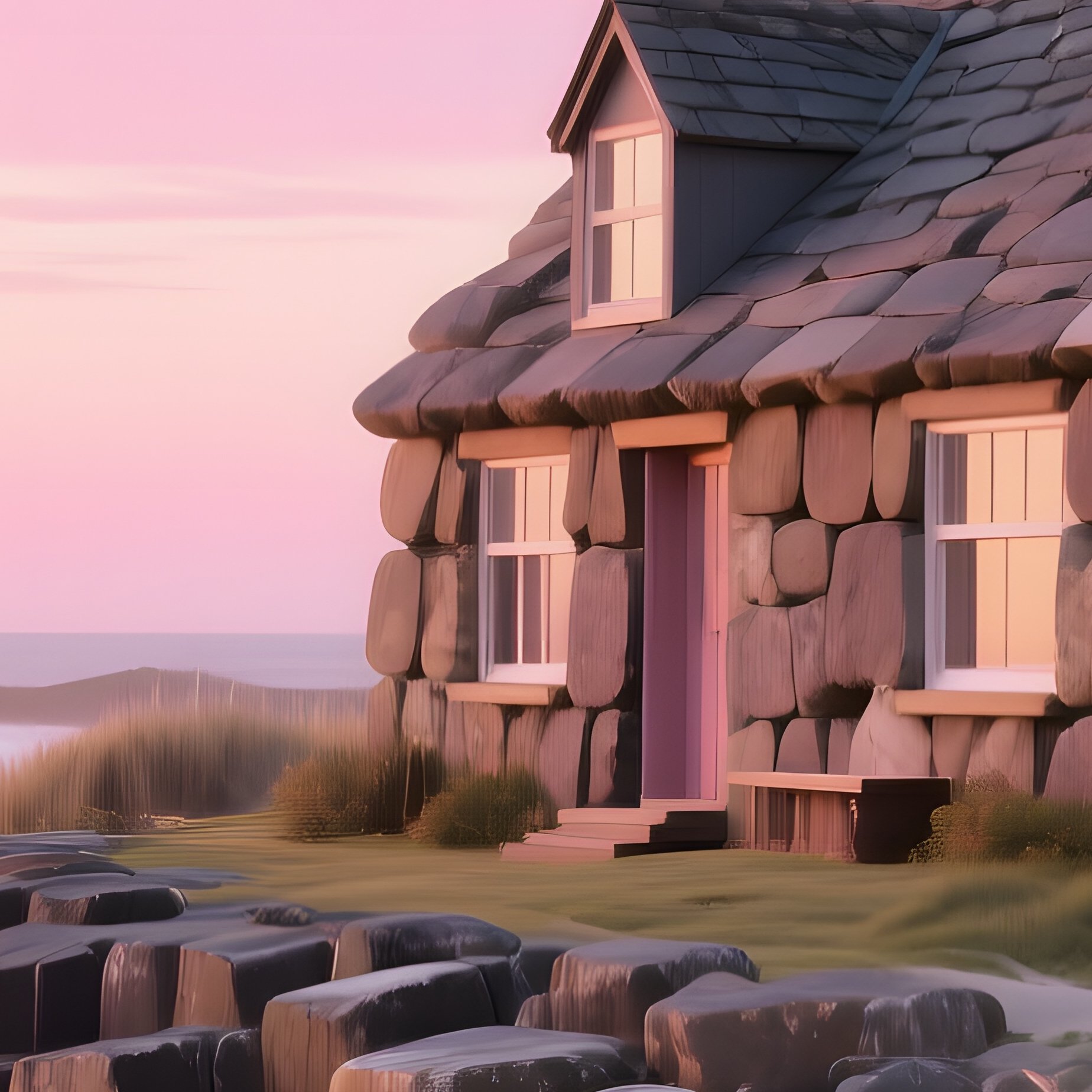 A Charming Coastal Cottage Made From Layered Basalt Stones Sits On A Sandy Beach, Dunes Dotted With - Full Resolution Quality Preview