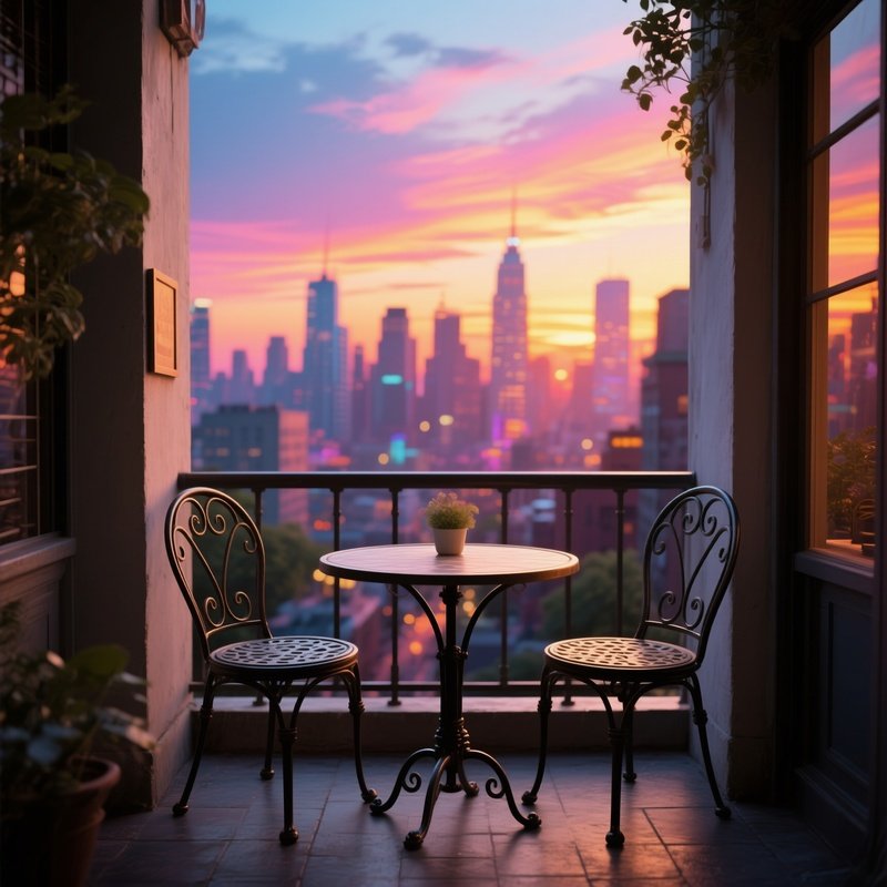 A Charming Small Iron Bistro Table And Two Matching Chairs Placed On A Narrow Balcony Overlooking A Vibrant City Skyline During A Colorful Sunset.
