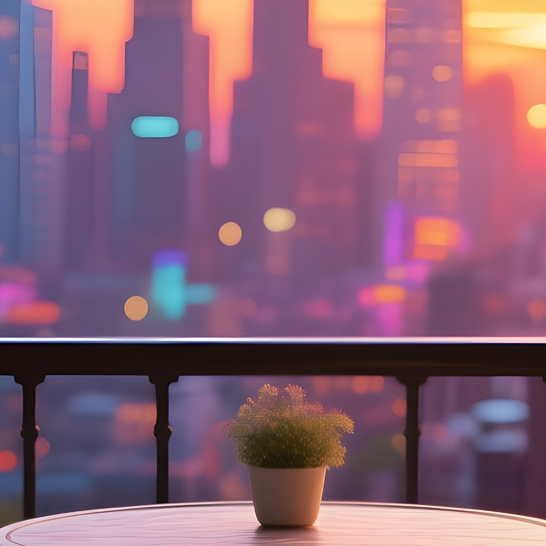 A Charming Small Iron Bistro Table And Two Matching Chairs Placed On A Narrow Balcony Overlooking A Vibrant City Skyline During A Colorful Sunset. - Full Resolution Quality Preview
