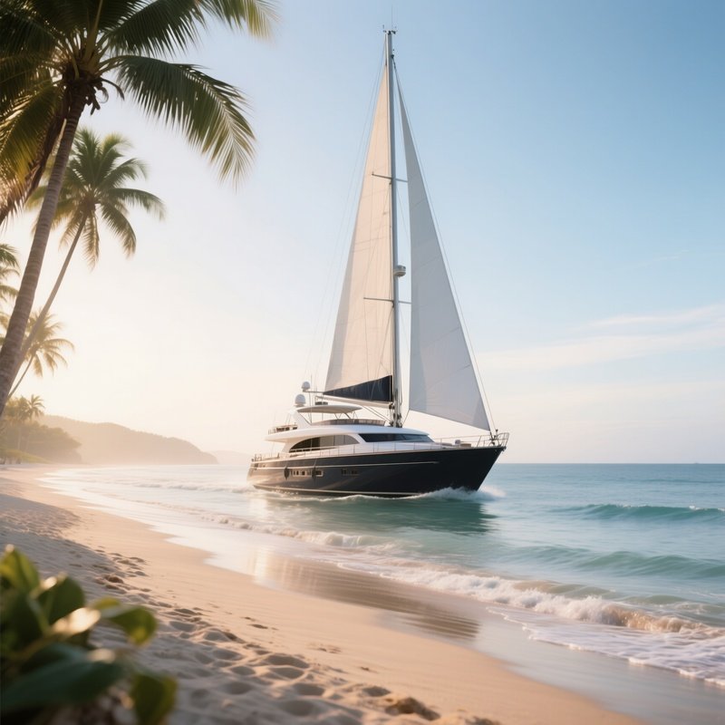 A Charter Yacht Approaching A Sandy Beach On A Summer Morning