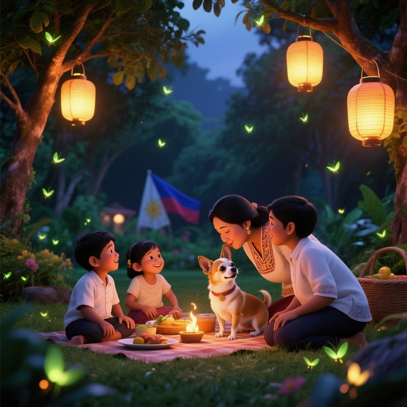 A Cheerful Filipino Family Having A Picnic In A Lush Garden; The Mother Leans Down To Kiss Her Tiny