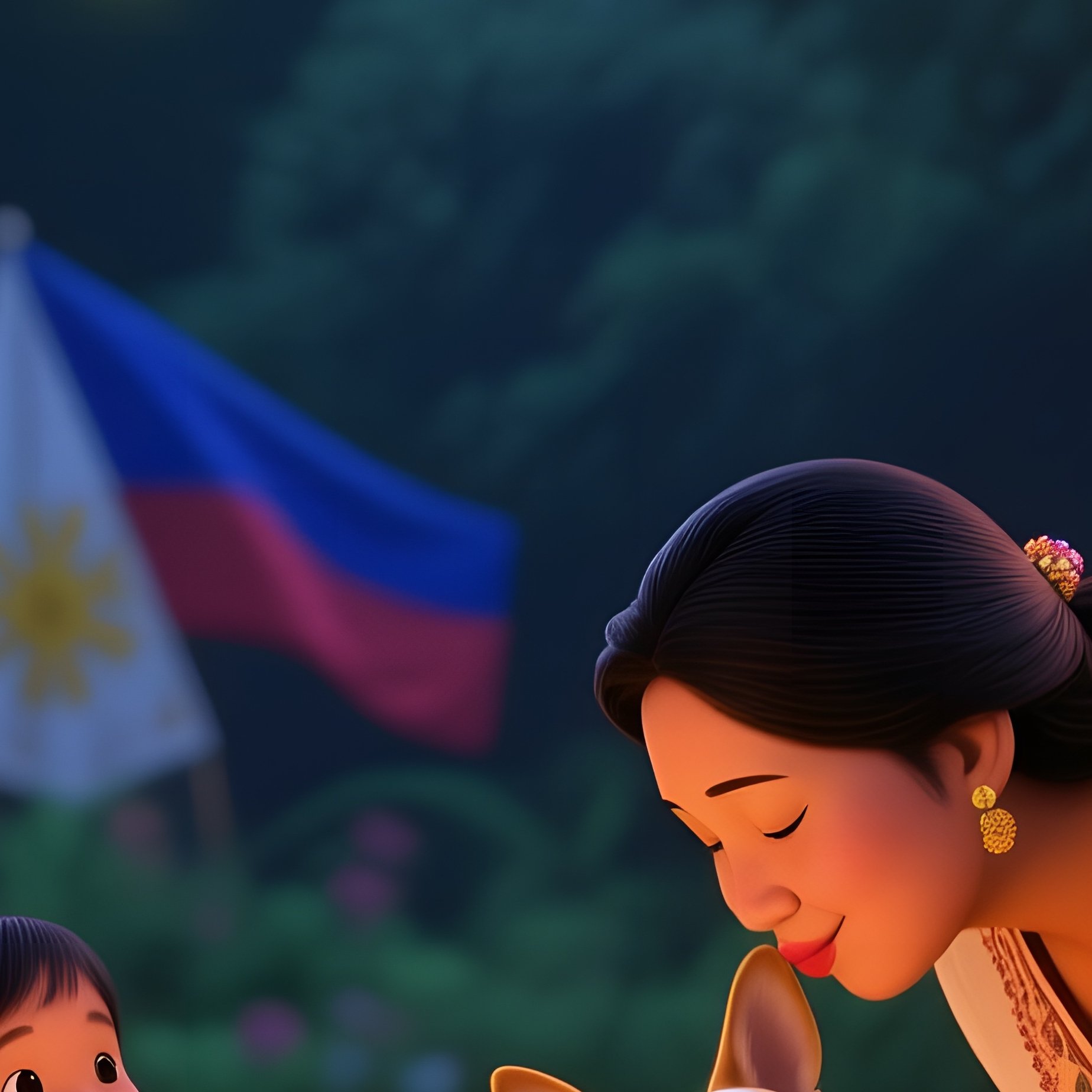 A Cheerful Filipino Family Having A Picnic In A Lush Garden; The Mother Leans Down To Kiss Her Tiny - Full Resolution Quality Preview