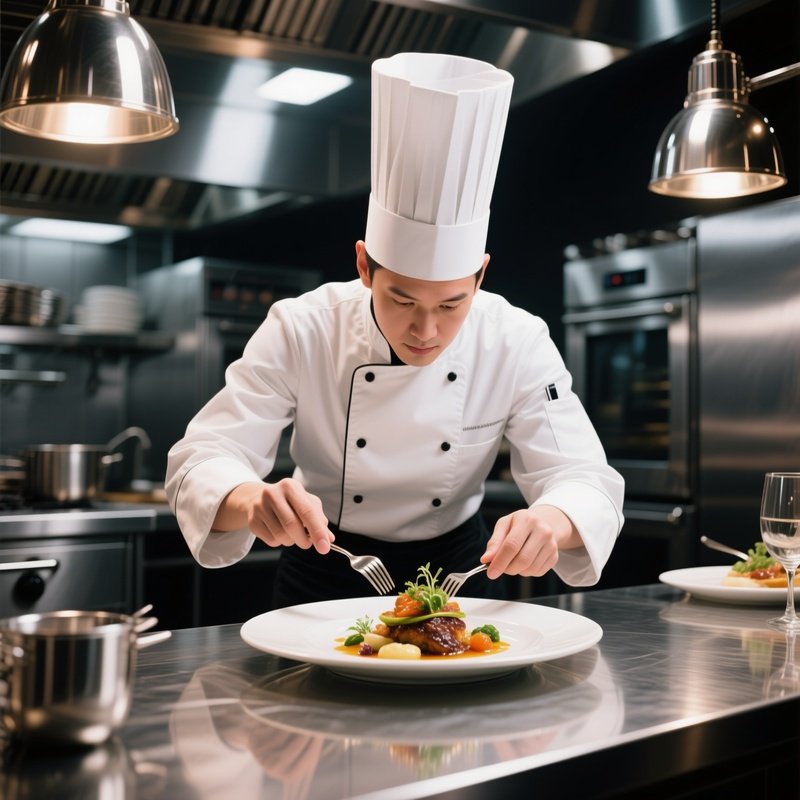 A Chef In A Tall White Hat Plates An Elaborate Dish In A High‑End Restaurant Kitchen, Stainless