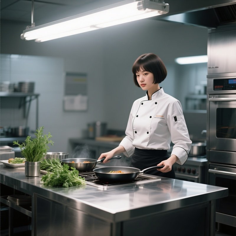 A Chef With Short Practical Hair Stands Over A Stainless Steel Kitchen Island, Bright Halogen
