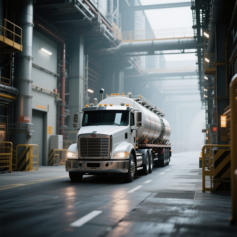 A Chemical Tanker Truck Driving Down An Industrial Corridor