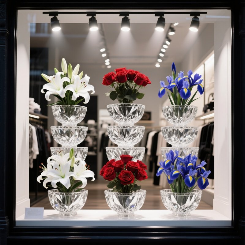 A Chic Boutique Shop Window Illuminated By Spotlights, Showcasing An Artistic Display Of Stacked