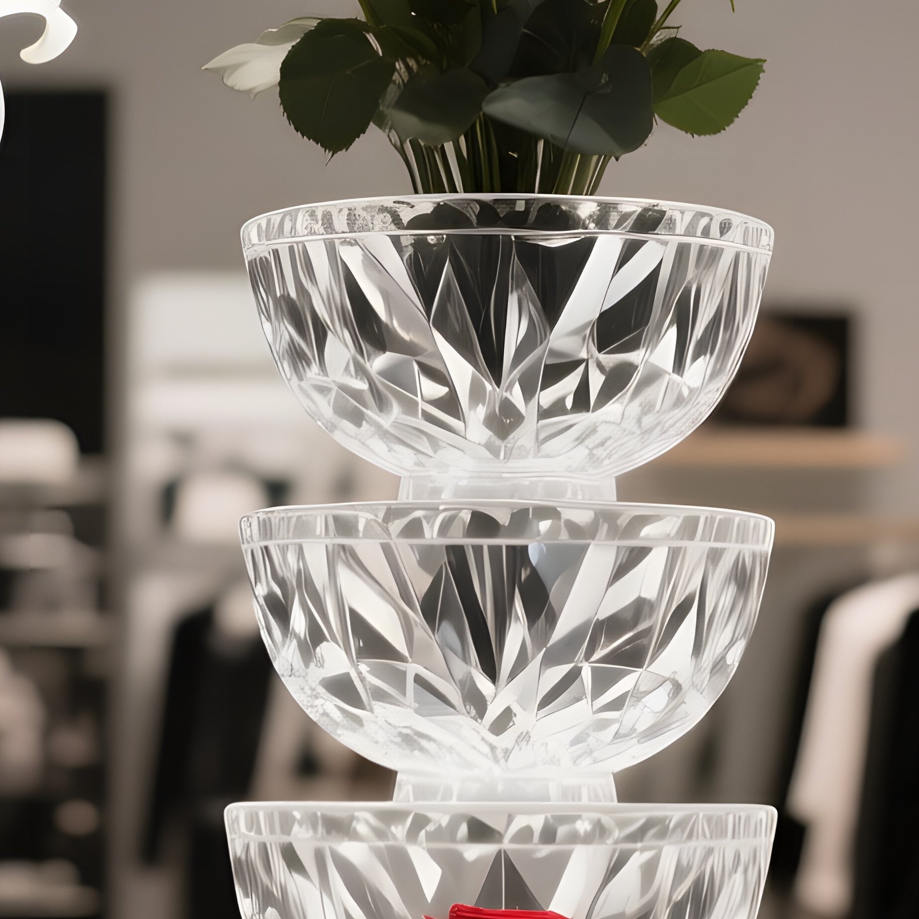 A Chic Boutique Shop Window Illuminated By Spotlights, Showcasing An Artistic Display Of Stacked - Full Resolution Quality Preview